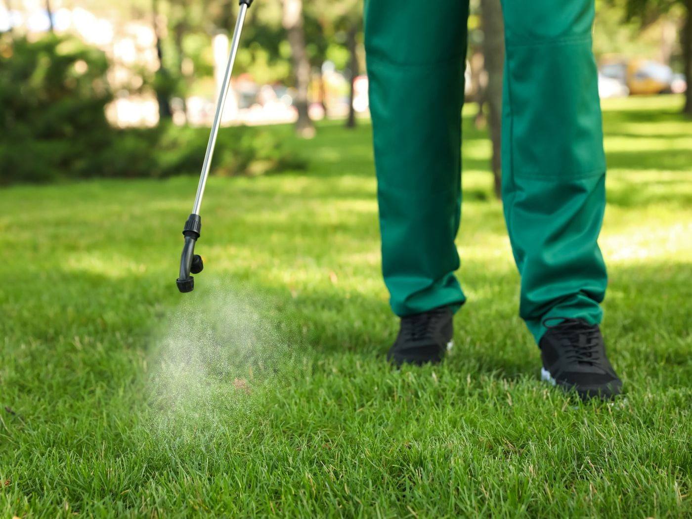 Spray wand releasing a fine mist of treatment over green turf